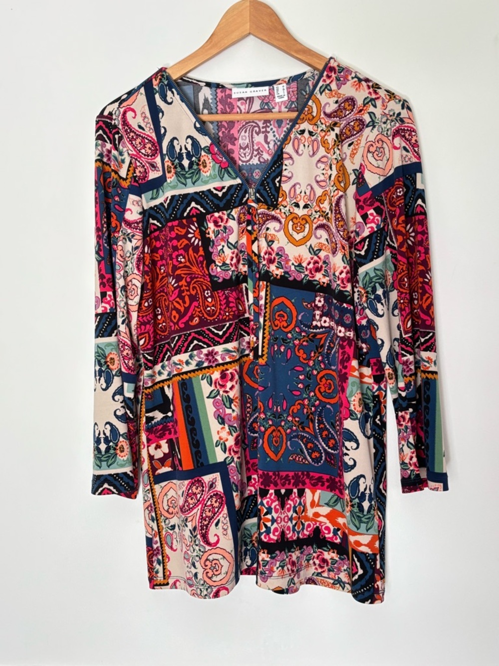 Susan Graver Liquid Patchwork Floral Paisley 1/2 zip Blouse Top Medium g17